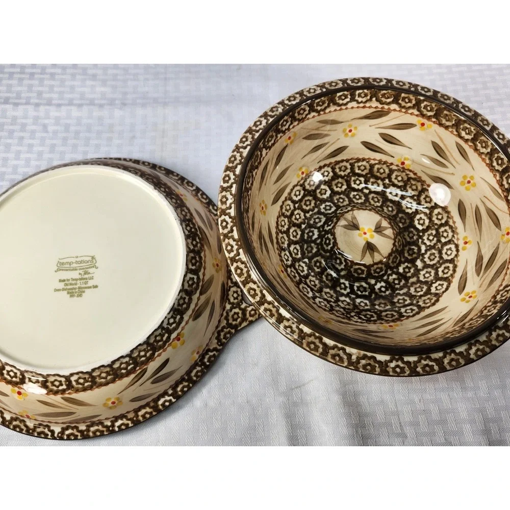 Set‎ 2 Temptations By TARA Old World Brown Yellow Pie Dish & Lid / Serving Bowl
